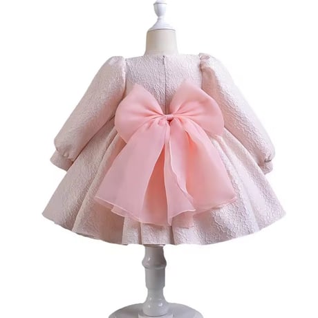 white/pink 長袖ビッグリボンローズジャガードドレス(817)