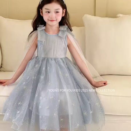 kids ブルースノーショルダーリボンチュールドレス(2253)