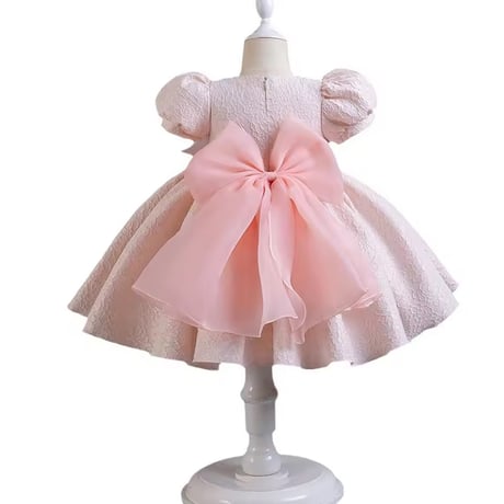 white/pink 半袖ビッグリボンローズジャガードドレス(2370)
