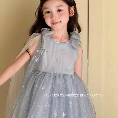 kids ブルースノーショルダーリボンチュールドレス(2253)