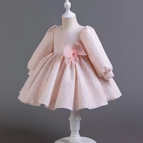 white/pink 長袖ビッグリボンローズジャガードドレス(817)