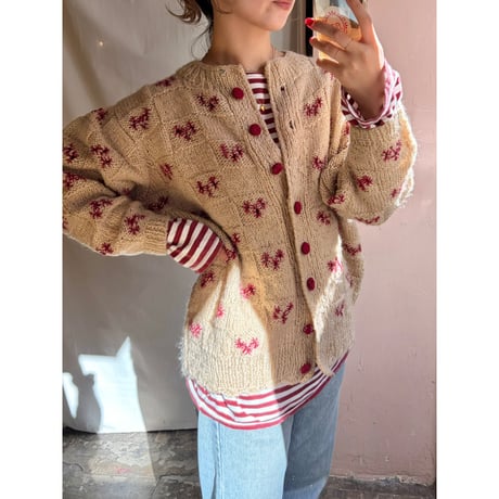 ivory×red  knit cardigan