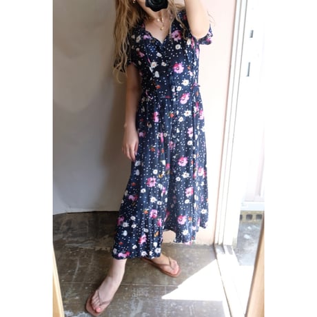 navy dot flower one-piece