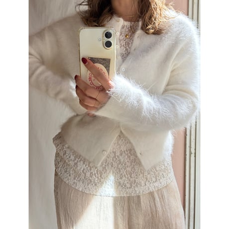 white mohair knit cardigan