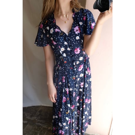 navy dot flower one-piece