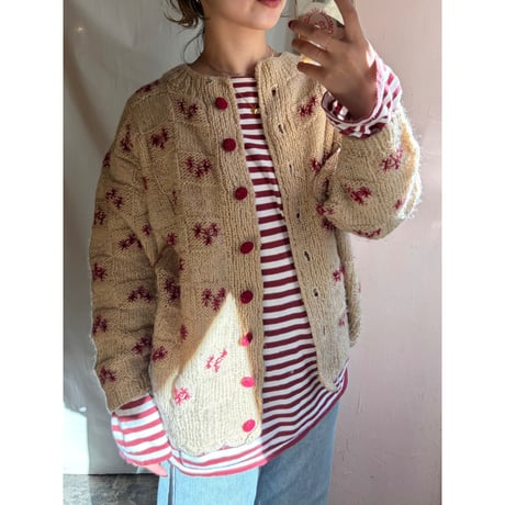 ivory×red  knit cardigan
