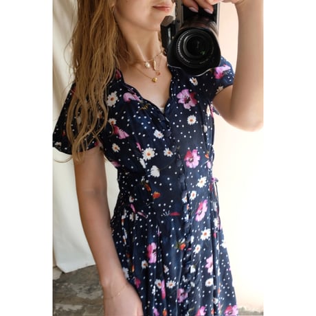 navy dot flower one-piece