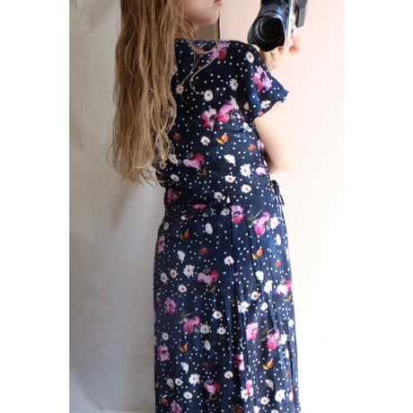 navy dot flower one-piece