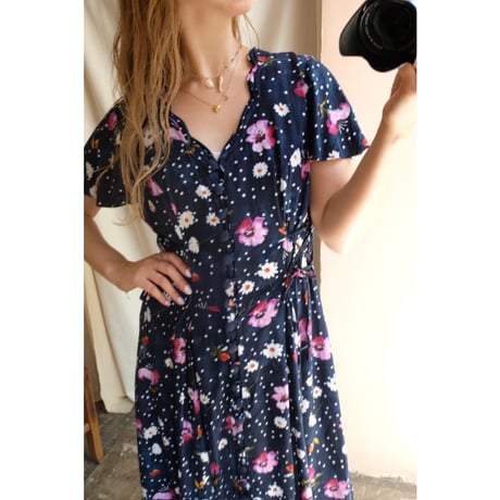 navy dot flower one-piece