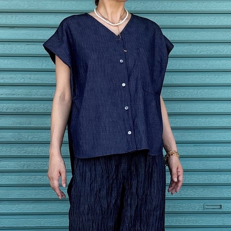 【V-Neck French Blouse】  Indigo