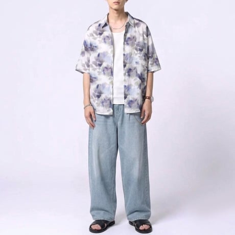 シアサッカー総柄シャツ【ワイドシルエット】　63702301  WH