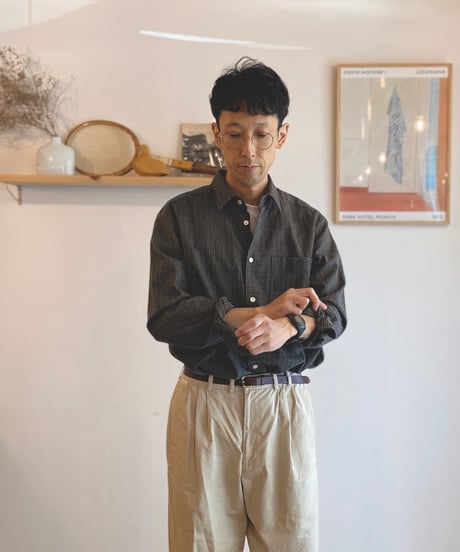 MANUAL ALPHABET マニュアルアルファベット（ユニセックス）/ BRUSHED TWILL CHECK LOOSE FIT R/C SHIRTS 【オリーブ×ネイビーチェック】
