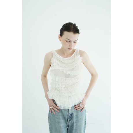 CLANE クラネ “RANDOM FRILL SHEER N/S TOPS” ランダムフリルシアーノースリーブトップス