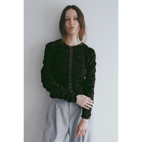 MANOF マノフ “SHIRRING TULLE FLOCKED TOPS“ シャーリングチュールフロッキートップス