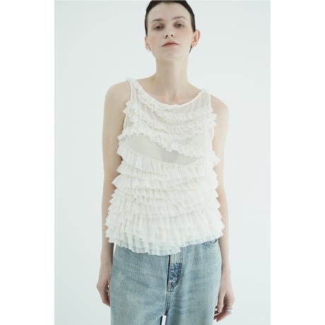 CLANE クラネ “RANDOM FRILL SHEER N/S TOPS” ランダムフリルシアーノースリーブトップス