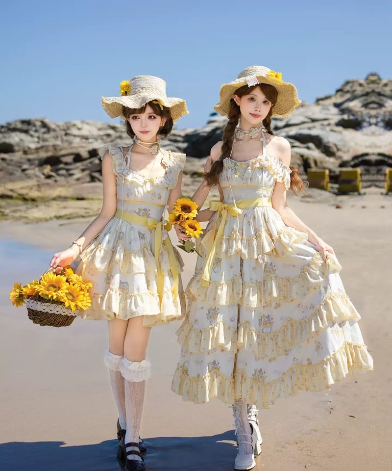 浴衣ドレス クリームイエロー系 花 リボン 姫ギャル 地雷系 ロリータ with PUJI Letter and Poetry / 小さなひまわり ロリィタドレス セ