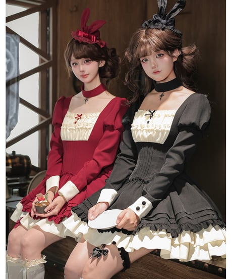 with PUJI Letter and Poetry / リア レトロメイド風ミニワンピース セット [LO1637]