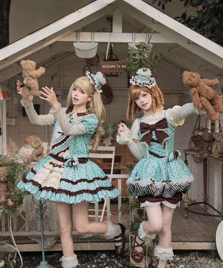 with PUJI Letter and Poetry /  ミントショコラ・カフェメイド ロリィタドレス セット  [LO1662]