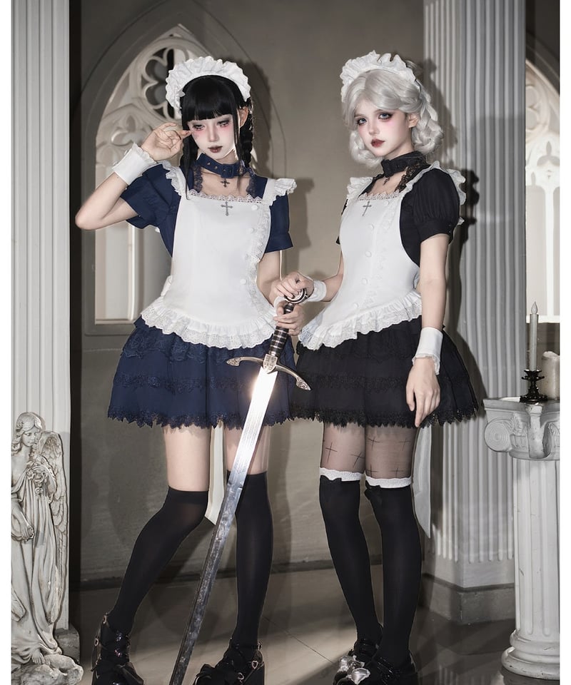 ハンドメイド　セーラースクエアカラードッキング肩フリルエプロンパフスリーブワンピ with PUJI / 月野 メイド風/ゴシック風 フライングスリーブ肩フリル
