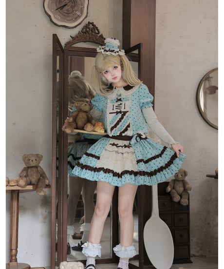 with PUJI Letter and Poetry /  ミントショコラ・カフェメイド ロリィタドレス セット  [LO1662]