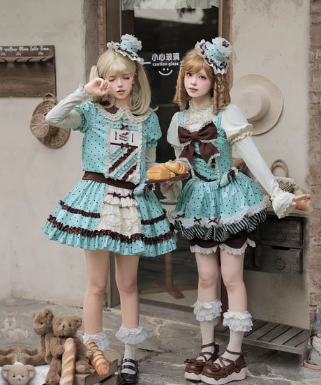 with PUJI Letter and Poetry /  ミントショコラ・カフェメイド ロリィタドレス セット  [LO1662]