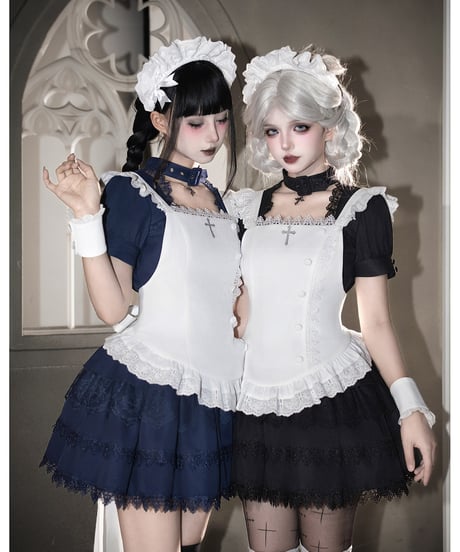 with PUJI / 月野 メイド風/ゴシック風 フライングスリーブ肩フリル エプロン [LO1638]