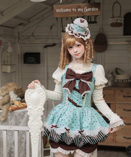 with PUJI Letter and Poetry /  ミントショコラ・カフェメイド ロリィタドレス セット  [LO1662]