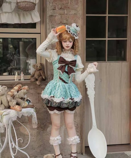 with PUJI Letter and Poetry /  ミントショコラ・カフェメイド ロリィタドレス セット  [LO1662]