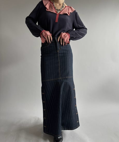【USED】 Pin Stripe Denim Flare Skirt / 260926-028