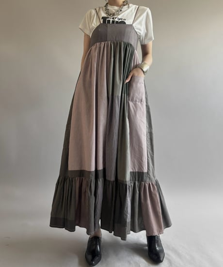 【RE;CIRCLE】  RE Patchwork Stripe Camisole One-Piece Dyed Gray / 260810-028