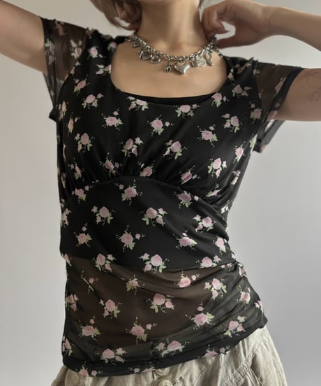 【USED】 SANDY LIANG Flower Pattern S/S Sheer Top / 260815-009