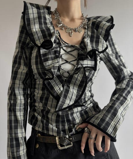 【USED】 GANNI Madras Check Lace Blouse / 260919-009