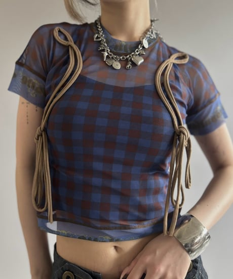 【USED】 OTTOLINGER Check Pattern S/S Sheer Top / 260815-007