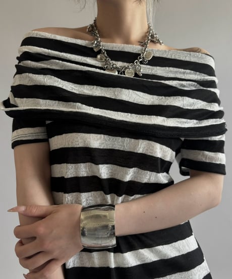 【USED】 Border Pattern S/S Sheer Top/ 260815-003