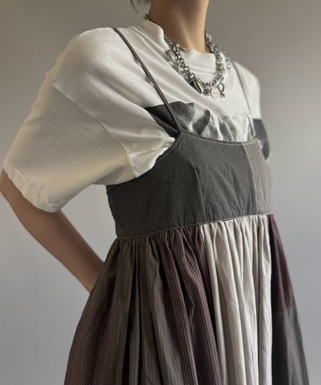 【RE;CIRCLE】  RE Patchwork Stripe Camisole One-Piece Dyed Gray / 260810-032