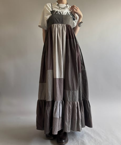 【RE;CIRCLE】  RE Patchwork Stripe Camisole One-Piece Dyed Gray / 260810-032