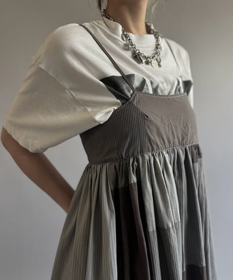 【RE;CIRCLE】  RE Patchwork Stripe Camisole One-Piece Dyed Gray / 260810-031