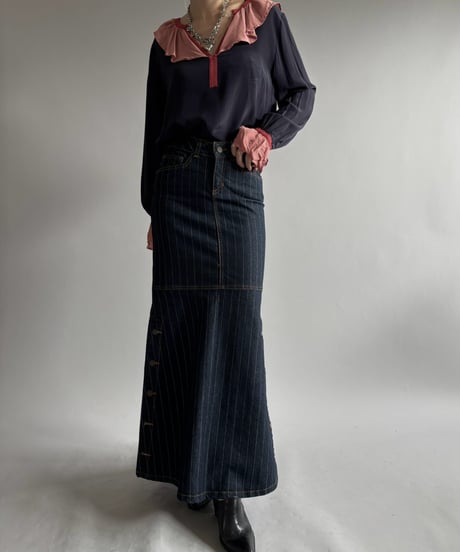 【USED】 Pin Stripe Denim Flare Skirt / 260926-028