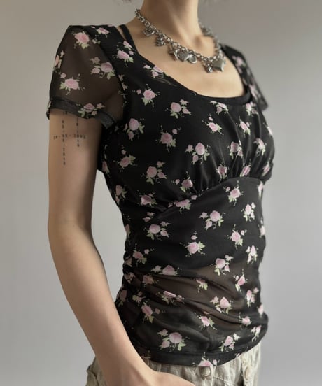 【USED】 SANDY LIANG Flower Pattern S/S Sheer Top / 260815-009