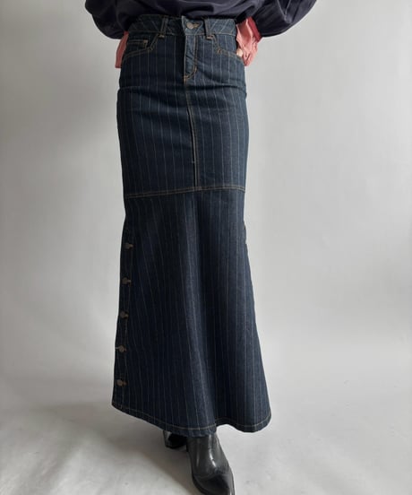 【USED】 Pin Stripe Denim Flare Skirt / 260926-028