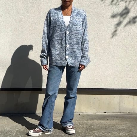 Two-Tone Mohair Touch Relaxed Knit Cardigan  Blue x White