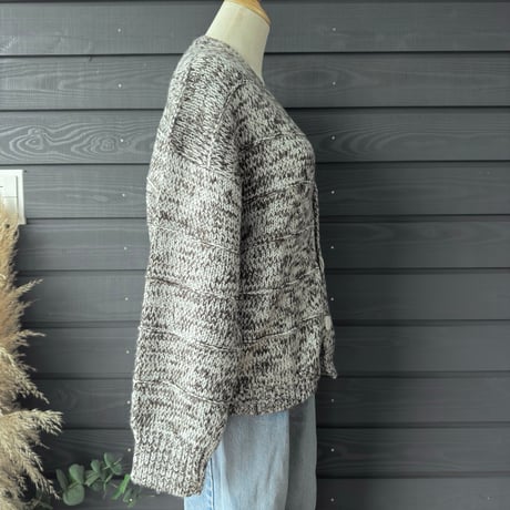 Two-Tone Mohair Touch Relaxed Knit Cardigan  Brown x Gray