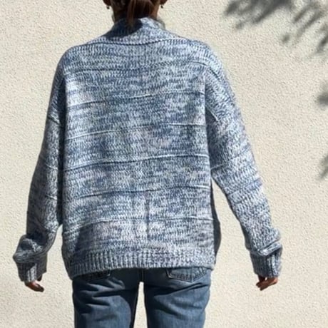 Two-Tone Mohair Touch Relaxed Knit Cardigan  Blue x White