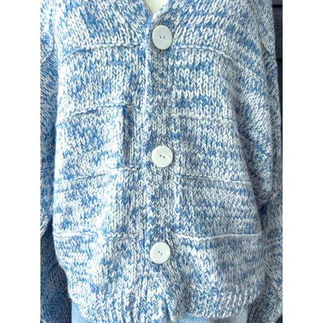 Two-Tone Mohair Touch Relaxed Knit Cardigan  Blue x White