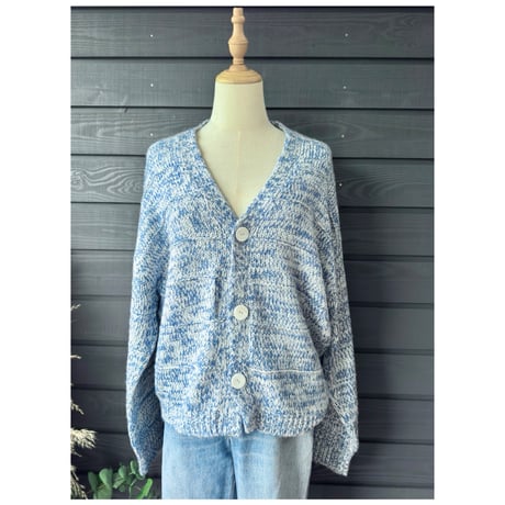 Two-Tone Mohair Touch Relaxed Knit Cardigan  Blue x White