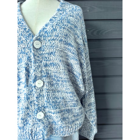 Two-Tone Mohair Touch Relaxed Knit Cardigan  Blue x White