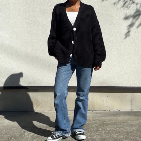 Natural Cotton Relaxed Knit Cardigan Black