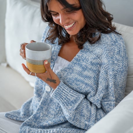 Two-Tone Mohair Touch Relaxed Knit Cardigan  Blue x White