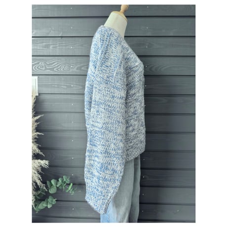 Two-Tone Mohair Touch Relaxed Knit Cardigan  Blue x White