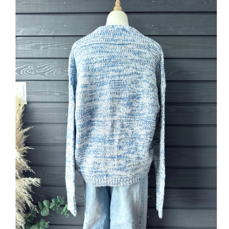 Two-Tone Mohair Touch Relaxed Knit Cardigan  Blue x White
